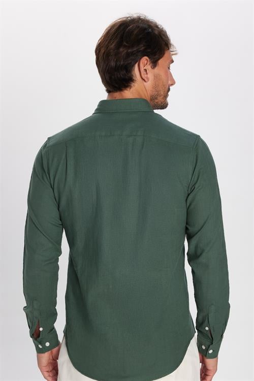 Erkek Slim Fit Dar Kesim %100 Pamuk Keten Doku Düğmeli Yaka Haki Gömlek