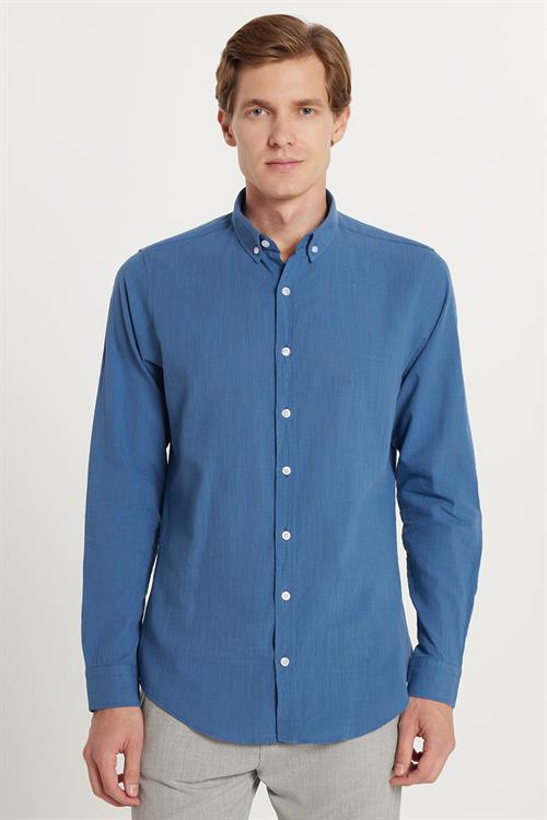 Erkek Slim Fit Dar Kesim %100 Pamuk Keten Doku Düğmeli Yaka Koyu Petrol Gömlek
