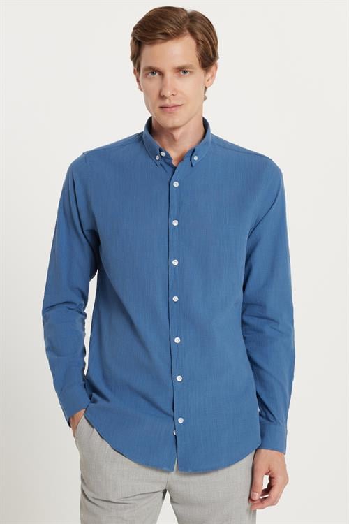 Erkek Slim Fit Dar Kesim %100 Pamuk Keten Doku Düğmeli Yaka Koyu Petrol Gömlek