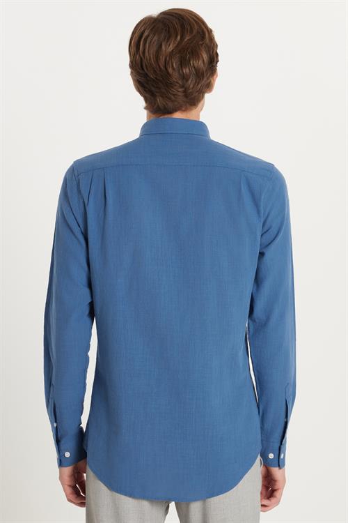 Erkek Slim Fit Dar Kesim %100 Pamuk Keten Doku Düğmeli Yaka Koyu Petrol Gömlek