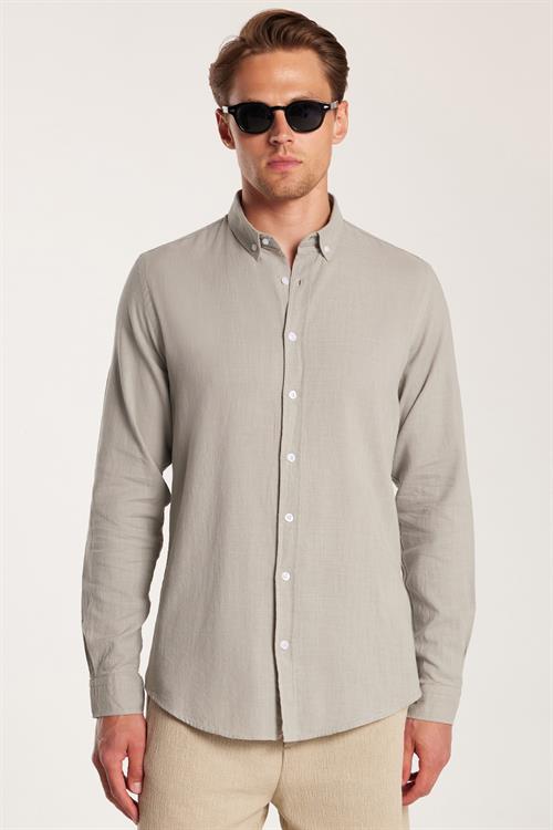 Erkek Slim Fit Dar Kesim %100 Pamuk Keten Doku Düğmeli Yaka Gri Gömlek
