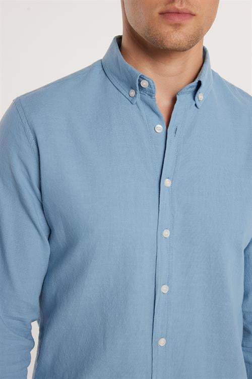 Erkek Slim Fit Dar Kesim %100 Pamuk Keten Doku Düğmeli Yaka Mavi Gömlek