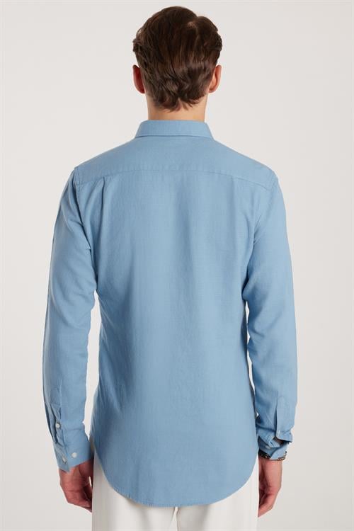 Erkek Slim Fit Dar Kesim %100 Pamuk Keten Doku Düğmeli Yaka Mavi Gömlek