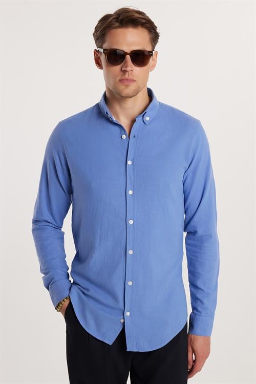 Erkek Slim Fit Dar Kesim %100 Pamuk Keten Doku Düğmeli Yaka Koyu Mavi Gömlek