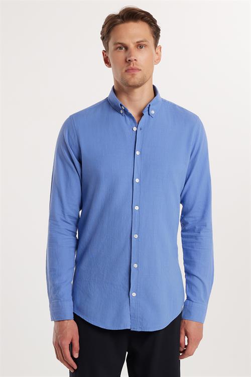 Erkek Slim Fit Dar Kesim %100 Pamuk Keten Doku Düğmeli Yaka Koyu Mavi Gömlek