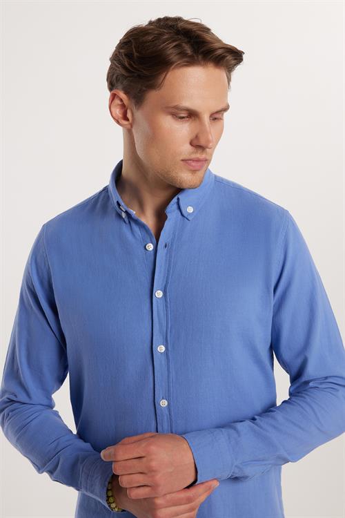Erkek Slim Fit Dar Kesim %100 Pamuk Keten Doku Düğmeli Yaka Koyu Mavi Gömlek