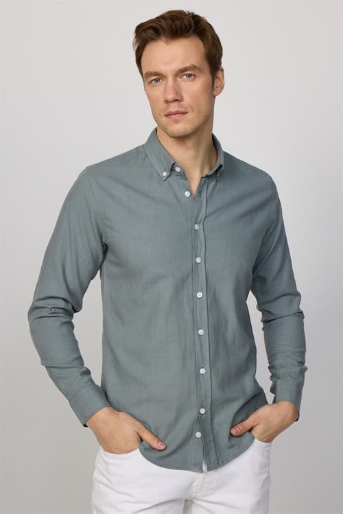 Erkek Slim Fit Dar Kesim %100 Pamuk Keten Doku Düğmeli Yaka Gri Gömlek