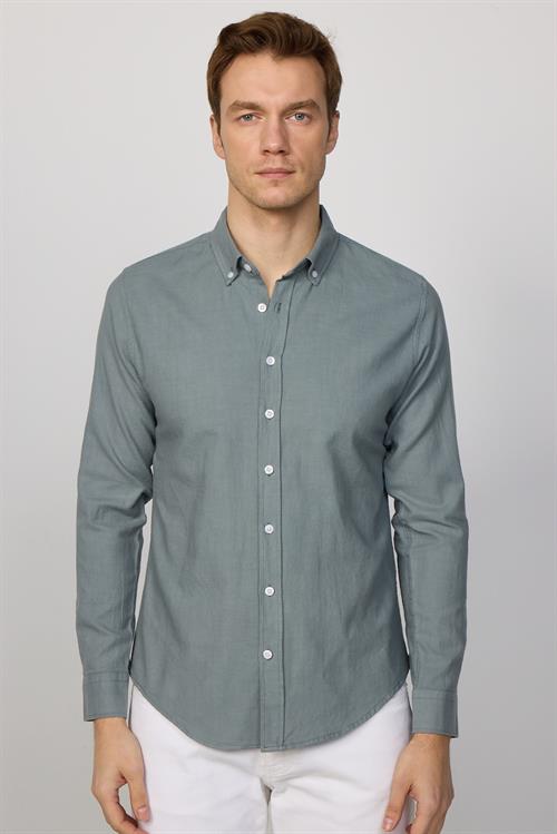 Erkek Slim Fit Dar Kesim %100 Pamuk Keten Doku Düğmeli Yaka Gri Gömlek