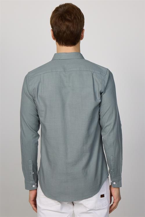 Erkek Slim Fit Dar Kesim %100 Pamuk Keten Doku Düğmeli Yaka Gri Gömlek