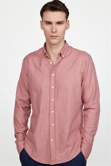 Erkek Slim Fit Dar Kesim %100 Pamuk Keten Doku Düğmeli Yaka Kiremit Renk Gömlek