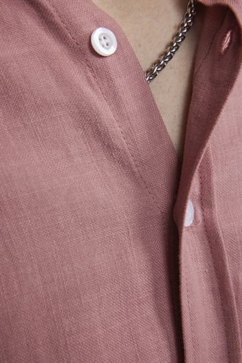 Erkek Slim Fit Dar Kesim %100 Pamuk Keten Doku Düğmeli Yaka Kiremit Renk Gömlek