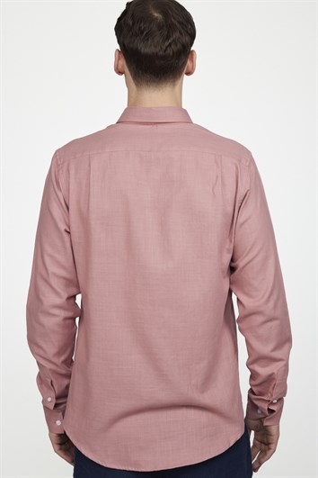Erkek Slim Fit Dar Kesim %100 Pamuk Keten Doku Düğmeli Yaka Kiremit Renk Gömlek