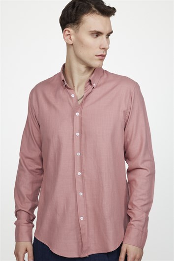 Erkek Slim Fit Dar Kesim %100 Pamuk Keten Doku Düğmeli Yaka Kiremit Renk Gömlek