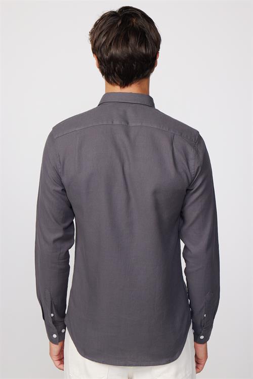Erkek Slim Fit Dar Kesim %100 Pamuk Keten Doku Düğmeli Yaka Gri Gömlek