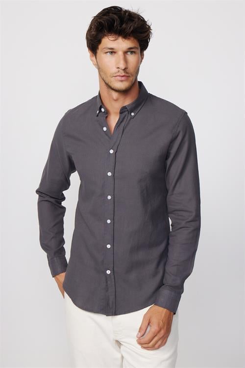 Erkek Slim Fit Dar Kesim %100 Pamuk Keten Doku Düğmeli Yaka Gri Gömlek
