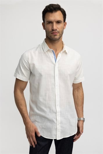 Erkek Slim Fit Dar Kesim Kısa Kollu %100 Pamuk Keten Doku Cepli Beyaz Gömlek
