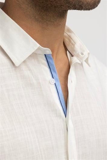 Erkek Slim Fit Dar Kesim Kısa Kollu %100 Pamuk Keten Doku Cepli Beyaz Gömlek