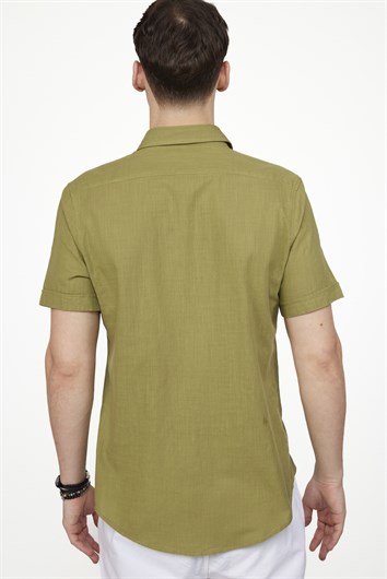 Erkek Slim Fit Dar Kesim Kısa Kollu %100 Pamuk Keten Doku Cepli Haki Gömlek