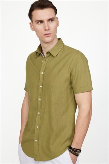 Erkek Slim Fit Dar Kesim Kısa Kollu %100 Pamuk Keten Doku Cepli Haki Gömlek