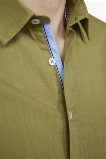 Erkek Slim Fit Dar Kesim Kısa Kollu %100 Pamuk Keten Doku Cepli Haki Gömlek