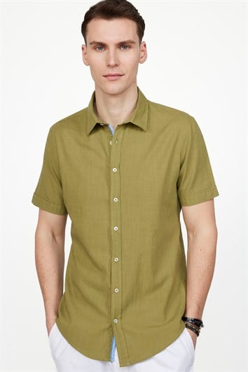 Erkek Slim Fit Dar Kesim Kısa Kollu %100 Pamuk Keten Doku Cepli Haki Gömlek