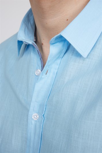 Erkek Slim Fit Dar Kesim Kısa Kollu %100 Pamuk Keten Doku Cepli Mavi Gömlek