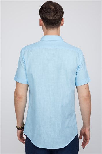 Erkek Slim Fit Dar Kesim Kısa Kollu %100 Pamuk Keten Doku Cepli Mavi Gömlek