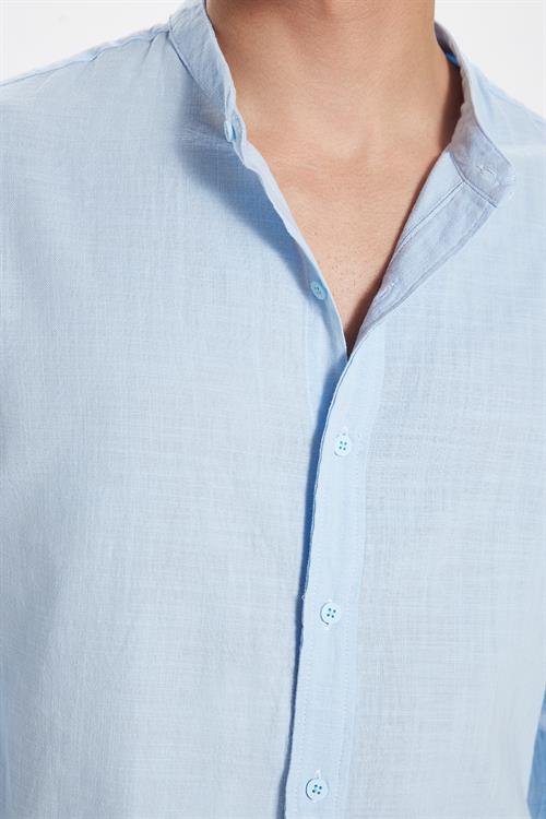 Erkek Slim Fit Dar Kesim Uzun Kollu %100 Pamuk Keten Doku Hakim Yaka Mavi Gömlek