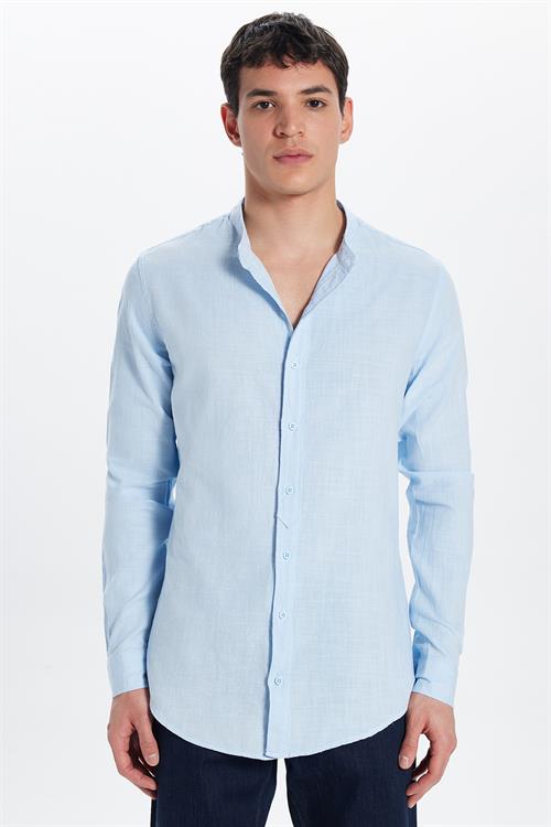 Erkek Slim Fit Dar Kesim Uzun Kollu %100 Pamuk Keten Doku Hakim Yaka Mavi Gömlek