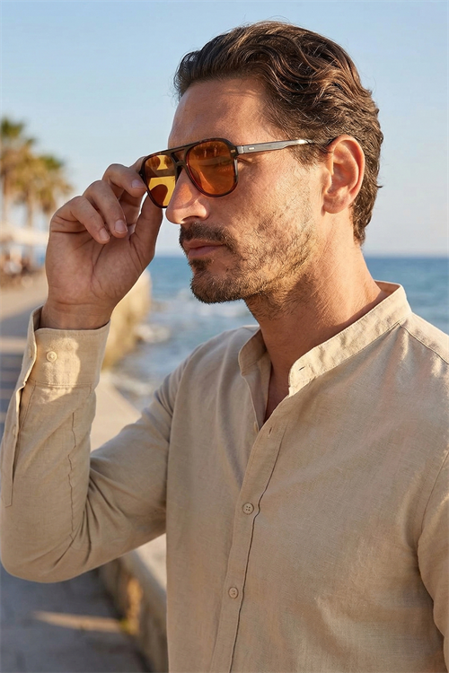 Erkek Slim Fit Dar Kesim Uzun Kollu %100 Pamuk Keten Doku Hakim Yaka Bej Gömlek