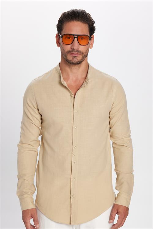 Erkek Slim Fit Dar Kesim Uzun Kollu %100 Pamuk Keten Doku Hakim Yaka Bej Gömlek