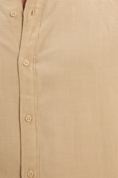 Erkek Slim Fit Dar Kesim Uzun Kollu %100 Pamuk Keten Doku Hakim Yaka Bej Gömlek