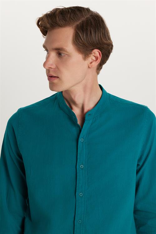 Erkek Slim Fit Dar Kesim Uzun Kollu %100 Pamuk Keten Doku Hakim Yaka Yeşil Gömlek