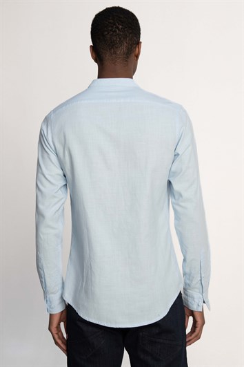 Erkek Slim Fit Dar Kesim Uzun Kollu %100 Pamuk Keten Doku Hakim Yaka Mavi Gömlek