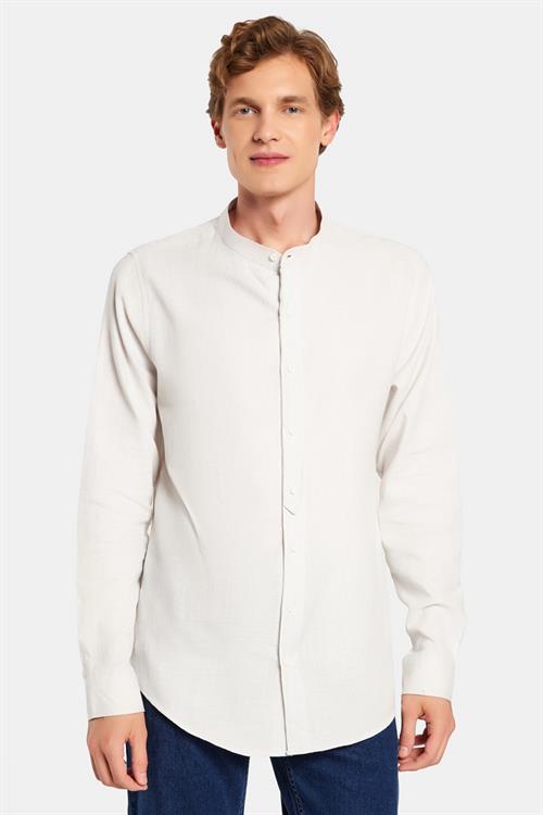 Erkek Slim Fit Dar Kesim Uzun Kollu %100 Pamuk Keten Doku Hakim Yaka Gri Gömlek
