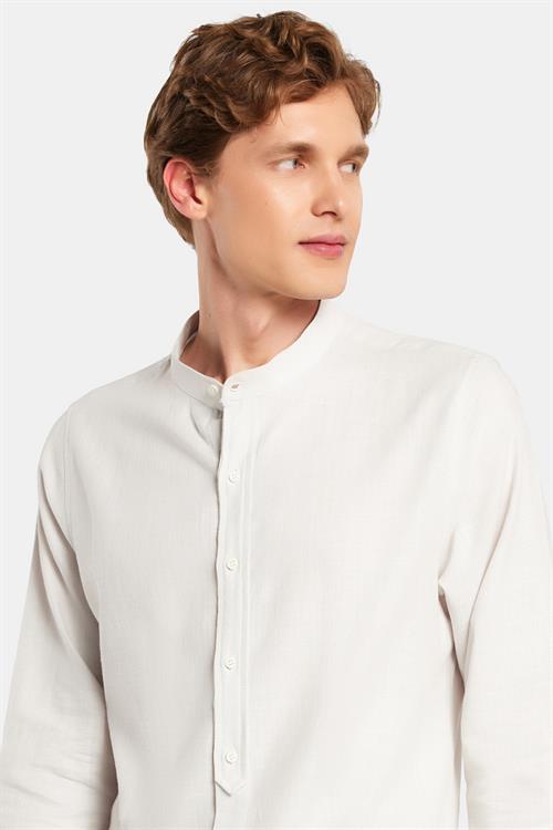 Erkek Slim Fit Dar Kesim Uzun Kollu %100 Pamuk Keten Doku Hakim Yaka Gri Gömlek
