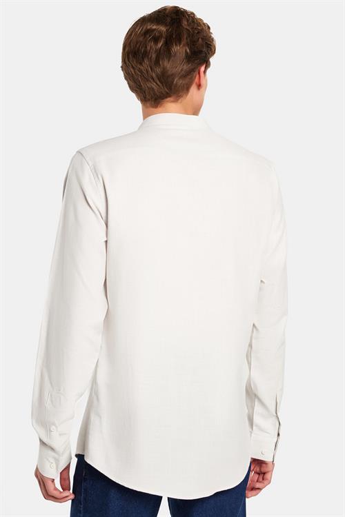 Erkek Slim Fit Dar Kesim Uzun Kollu %100 Pamuk Keten Doku Hakim Yaka Gri Gömlek