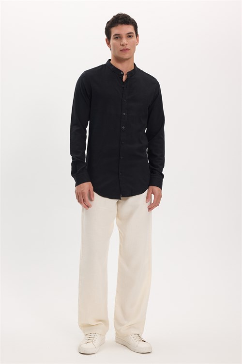 Erkek Slim Fit Dar Kesim Uzun Kollu %100 Pamuk Keten Doku Hakim Yaka Siyah Gömlek