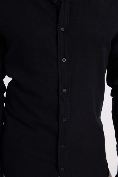 Erkek Slim Fit Dar Kesim Uzun Kollu %100 Pamuk Keten Doku Hakim Yaka Siyah Gömlek