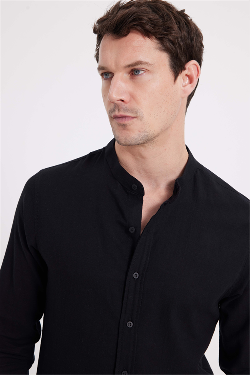 Erkek Slim Fit Dar Kesim Uzun Kollu %100 Pamuk Keten Doku Hakim Yaka Siyah Gömlek