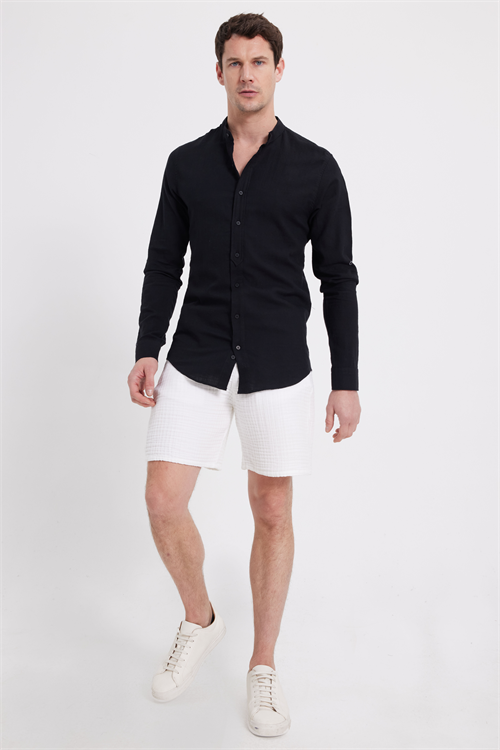 Erkek Slim Fit Dar Kesim Uzun Kollu %100 Pamuk Keten Doku Hakim Yaka Siyah Gömlek