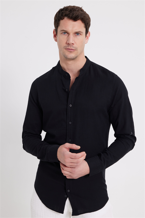 Erkek Slim Fit Dar Kesim Uzun Kollu %100 Pamuk Keten Doku Hakim Yaka Siyah Gömlek