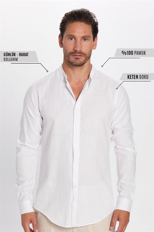 Erkek Slim Fit Dar Kesim Uzun Kollu %100 Pamuk Keten Doku Hakim Yaka Beyaz Gömlek