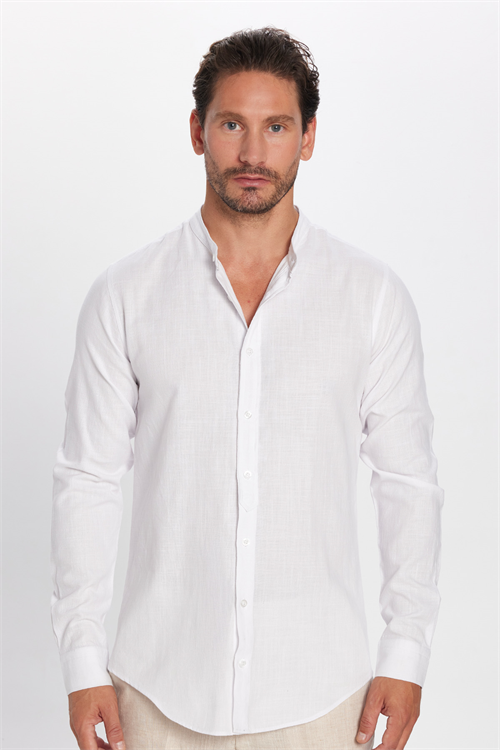Erkek Slim Fit Dar Kesim Uzun Kollu %100 Pamuk Keten Doku Hakim Yaka Beyaz Gömlek