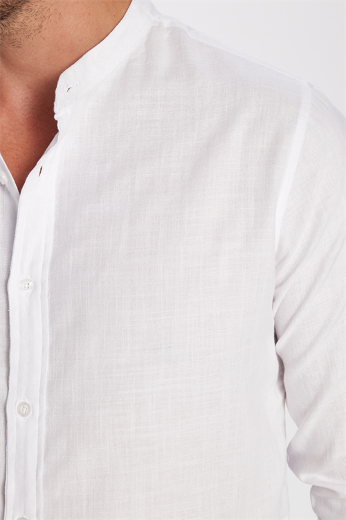 Erkek Slim Fit Dar Kesim Uzun Kollu %100 Pamuk Keten Doku Hakim Yaka Beyaz Gömlek