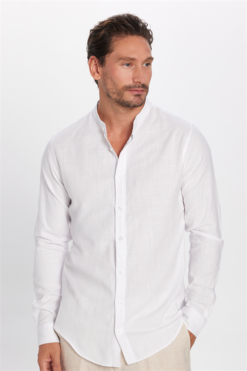 Erkek Slim Fit Dar Kesim Uzun Kollu %100 Pamuk Keten Doku Hakim Yaka Beyaz Gömlek