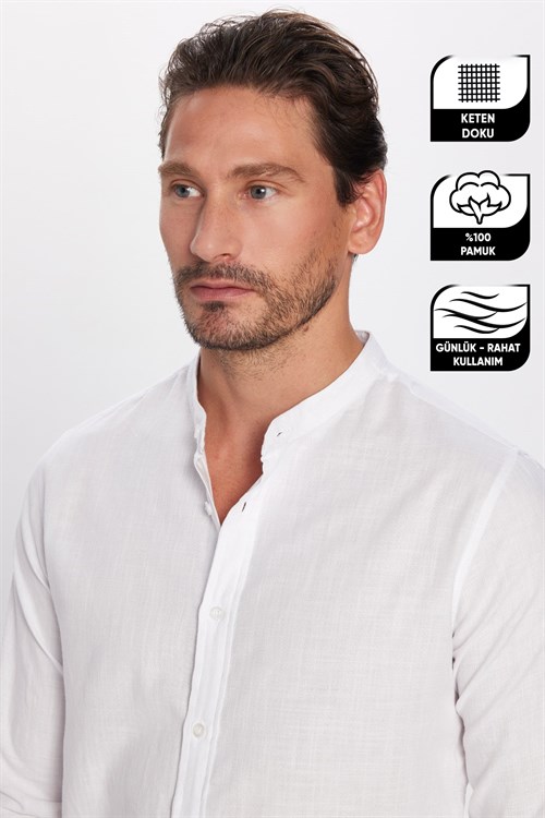 Erkek Slim Fit Dar Kesim Uzun Kollu %100 Pamuk Keten Doku Hakim Yaka Beyaz Gömlek