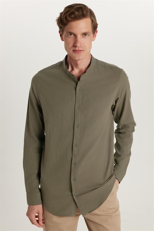 Erkek Slim Fit Dar Kesim Uzun Kollu %100 Pamuk Keten Doku Hakim Yaka Haki Gömlek