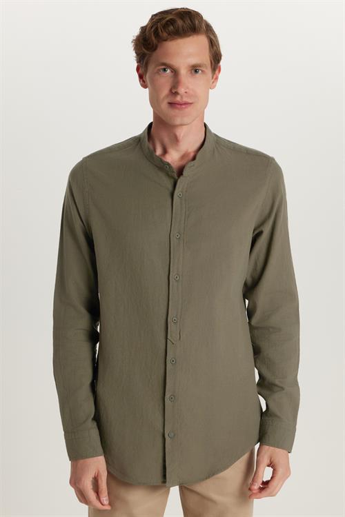 Erkek Slim Fit Dar Kesim Uzun Kollu %100 Pamuk Keten Doku Hakim Yaka Haki Gömlek