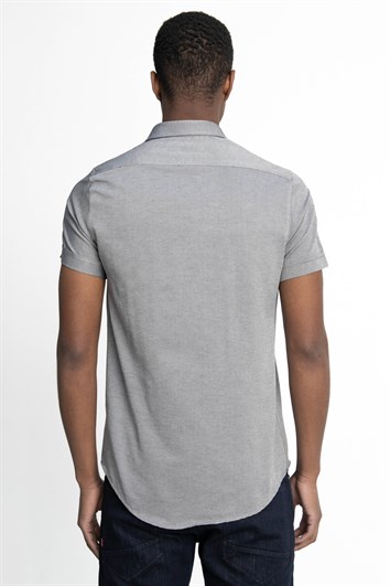 Erkek Slim Fit Dar Kesim Kısa Kollu Pamuklu Oxford Doku Kolay Ütülenebilir Gri Düğmeli Yaka Gömlek
